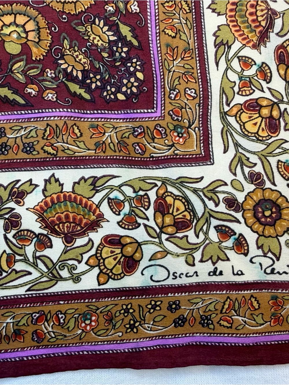 Oscar De La Renta Burgundy and Goldenrod Square Scarf 25”x25” - Picture 5 of 7